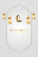 Elegant vertical vector background template for Ramadan Kareem featuring glowing golden traditional Arabic lanterns (Fanoos), a decorative crescent moon, and subtle geometric Islamic patterns in white