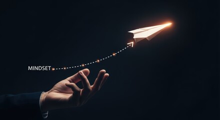 Paper airplane guided by an illuminated mindset progression line on a dark background