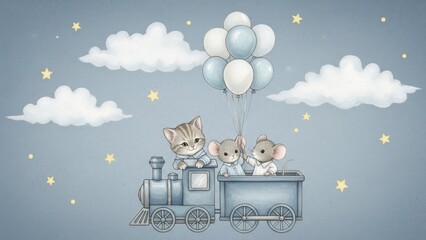 Whimsical cat and mice friends enjoy magical train ride with balloons