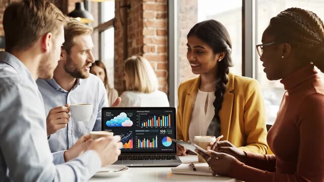 Diverse group collaborating around laptop displaying business data and charts