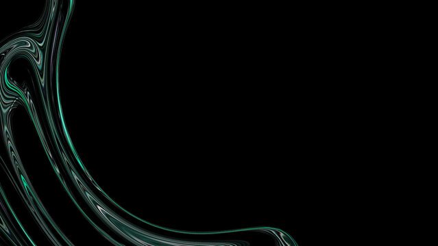 Abstract green fluid curve background with dark chromatic liquid waves and neon glowing flowing lines on black empty space