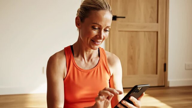 Woman in orange tank top sitting crosslegged on floor with smartphone in hand looking happy and relaxed in a room