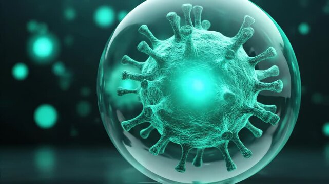 Virus particle inside transparent sphere. Microbe protection and immunization concept for health or medical background design.