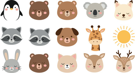 Fototapeta premium Cute animal face icons vector illustration set with bear, raccoon, fox, deer, penguin and more, simple cartoon avatars for kids, nursery and sticker designs isolated
