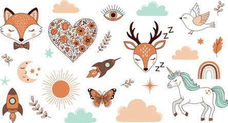 Obraz premium Boho woodland elements vector illustration set with fox, deer, unicorn, birds, sun and hearts, whimsical nature symbols in warm earthy tones isolated