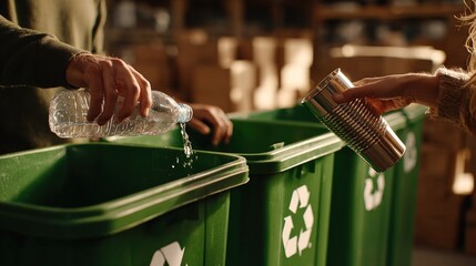 Two pairs of hands responsibly sorting plastic bottle and metal can into green bins