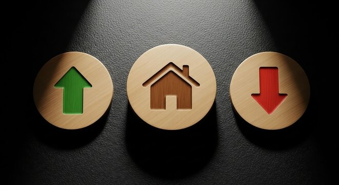 Real estate market trends concept with house icon and up down arrows on wooden blocks.