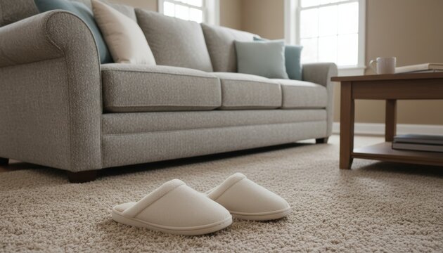 Slippers on carpet near couch in warm light with sofa and coffee table for cozy home mood