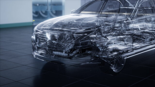 A transparent car model reveals detailed components and engineering design. This futuristic display highlights technology in an automotive showroom, emphasizing creativity and innovation.