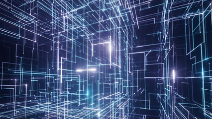 Abstract digital network grid with glowing connections and data points in deep space