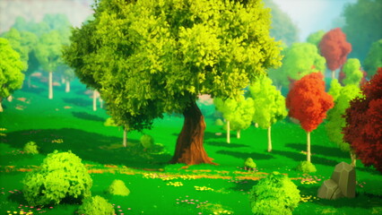 A serene forest scene shows a large tree surrounded by diverse greenery. Bright red and orange trees add color to the landscape, creating a peaceful and uplifting atmosphere.