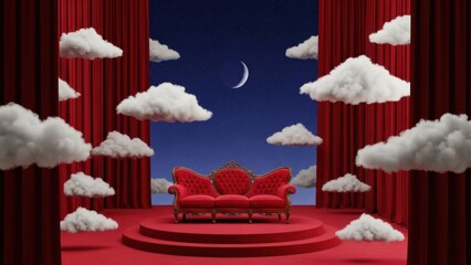 Luxurious red couch on stage with clouds and moonlight
