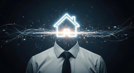 Corporate man with a glowing neon house head in a dark abstract environment