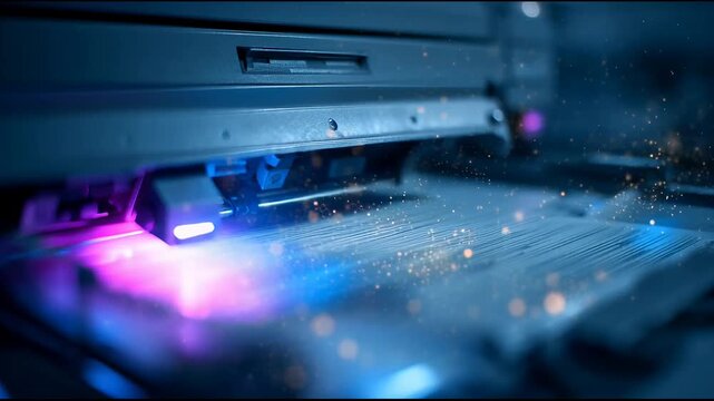 Close-up of a high-tech industrial machine head with vibrant pink and blue lights scanning a textured surface, creating a dynamic and futuristic effect.