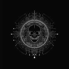 Detailed hand drawn skull combined with digital circuit elements in a circular tech layout. Futuristic line art illustration ideal for cybersecurity, AI, gaming or tech branding