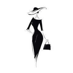 Elegant black and white fashion woman silhouette line art with hat and handbag, minimalistic style ideal for luxury, fashion and lifestyle concepts