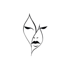 Minimalist hand drawn line art combining abstract human face with leaf shapes. Clean black and white illustration symbolizing nature, femininity and harmony for modern branding or decor