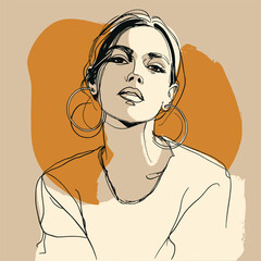 Hand drawn minimalist portrait of a confident woman with hoop earrings and abstract shapes. Modern line art illustration ideal for fashion, beauty, editorial or branding use