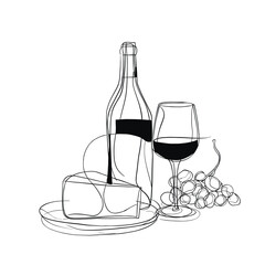 Hand drawn minimalist line art of wine bottle, filled glass, cheese and grapes. Elegant food and drink illustration suitable for restaurant branding, menus, packaging or posters