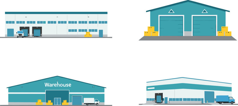 Warehouse and logistics building illustration set showing storage facilities, distribution centers, loading docks, and industrial infrastructure in flat vector style