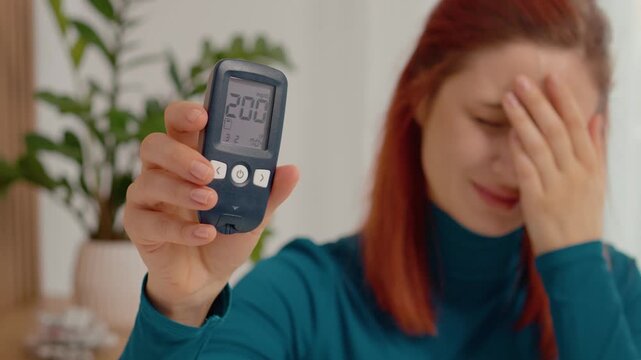 A woman looks shocked as she shows her glucometer reading of 200 mg dL. This high blood sugar level raises concern about her health and diabetes management.