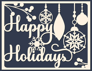 vector illustration of a Merry Christmas card. Layered paper cut with snowflakes.  Paper cut out design. Shadow box style.