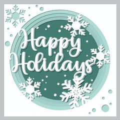 vector illustration of a Merry Christmas card. Layered paper cut with snowflakes.  Paper cut out design. Shadow box style.