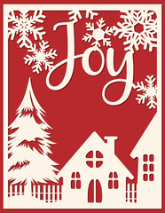 vector illustration of a Merry Christmas card. Layered paper cut with snowflakes.  Paper cut out design. Shadow box style.