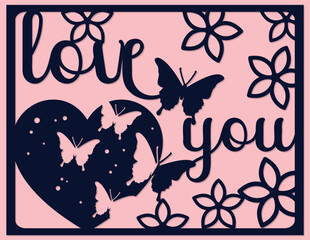 Happy Valentine's Day template. Layered Love You. Layered paper cut Flowers and Butterflies. Paper cut out design. Shadow box style.