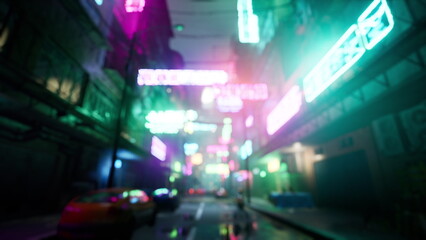 Naklejka premium Bright neon signs glow in a lively urban setting as rain slicks the streets. The atmosphere buzzes with energy and mystery, inviting exploration under colorful lights.