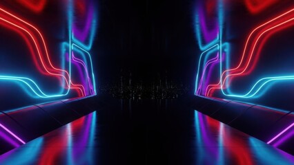 Vibrant neon lights illuminate futuristic cityscape at night