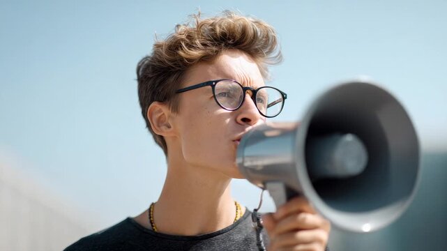 Young activist wearing glasses and dark shirt amplifying voice during outdoor protest against immigration raids, representing social justice and civil liberties movement