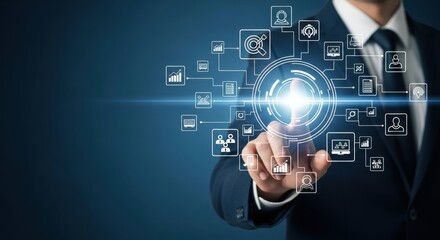 Businessman touching glowing data network interface on a dark blue background