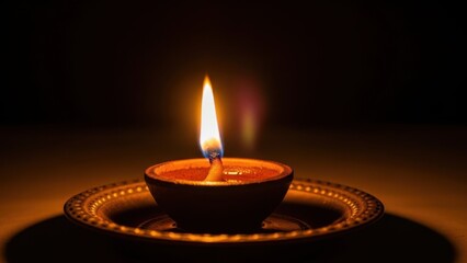 Warm candlelight glowing in traditional diya lamp on decorative plate