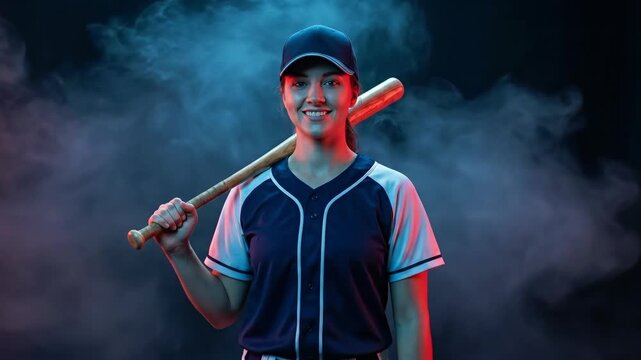 serious caucasian female softball player holding bat on shoulders. dramatic studio portrait with blue and red neon smoke. professional athlete ready for game. sport  design.
