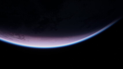 A stunning curve of a distant planet is seen against a dark backdrop of space. Soft shades blend together, showcasing the beauty of the universe. Stars twinkle far away in the background.