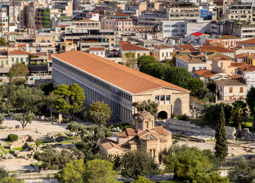Athens, Greece, Stoa of Attalos and Byzantine church in the Ancient Agora, elevated view. Dense cityscape
