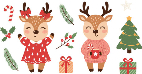 Naklejka premium Cute Christmas deer vector illustration set with winter outfits, gifts, pine branches and holiday decorations, cozy cartoon reindeer characters for festive kids designs isolated