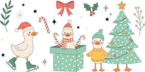 Fototapeta premium Cute Christmas duck characters with gifts, candy canes, and festive decorations in kawaii winter style vector illustration for kids