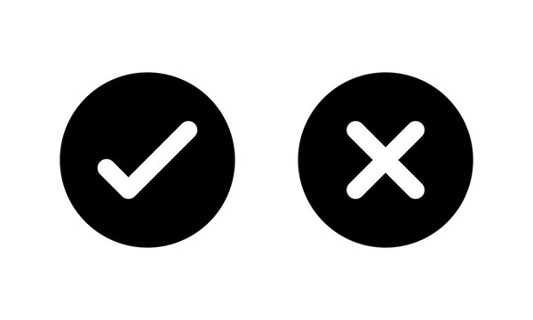 Check mark and cross icon in black circle. Yes and no symbol. Approval and rejection sign