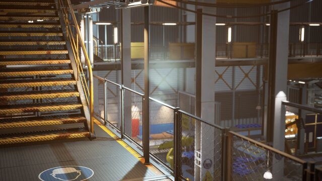 Bright artificial lights illuminate a bustling industrial area featuring steel staircases, safety railings, and various workstations. Equipment and machinery are scattered throughout.