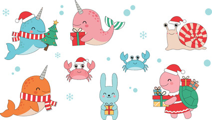 Cute Christmas sea animal illustration set with narwhals, crab, snail, bunny, Santa hats, gifts, snowflakes, and playful winter flat vector characters © Mstferdoshi