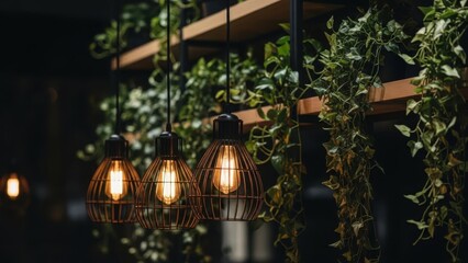 Warm pendant lights hanging amidst lush greenery in modern indoor space