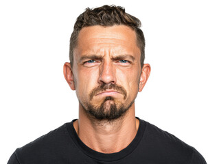 Obraz premium A man's face expressing disgust and displeasure. He wears a black shirt, and his expression suggests a feeling of aversion Isolated Transparent Background, PNG