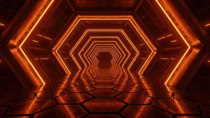 Futuristic orange tunnel with hexagonal lights and metallic floor