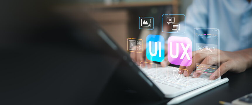 Web designer hands typing on keyboard developing application. UI UX interface design concept with virtual wireframe, AI technology icons, and coding elements for mobile app.