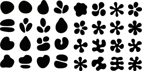 Fototapeta premium Huge Vector Collection of 32 Abstract Liquid Blob Shapes and Amoeba Elements. Black Organic Splatter Forms, Rounded Flowing Silhouettes, and Retro Groovy Graphic Design Assets.