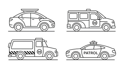 Urban Mobility: A sleek illustration showcases a fleet of vehicles. The line art style conveys modern design, perfect for transportation, services or security-themed projects. © Murshida