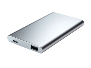 Sleek silver power bank, offering efficient charging on the go. Perfect for modern connectivity Isolated Transparent Background, PNG