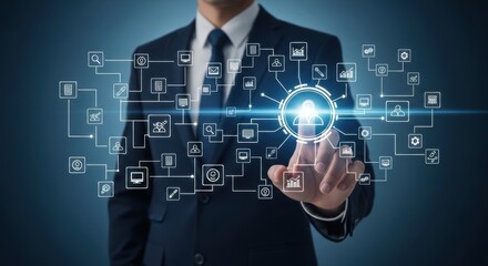 Businessman interacting with glowing human resource management icons on a dark blue background